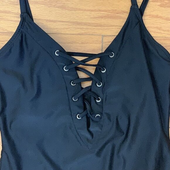 BLACK one piece swimsuit SZ 10 - adjustable straps - lace up V-Neck - Picture 2 of 3